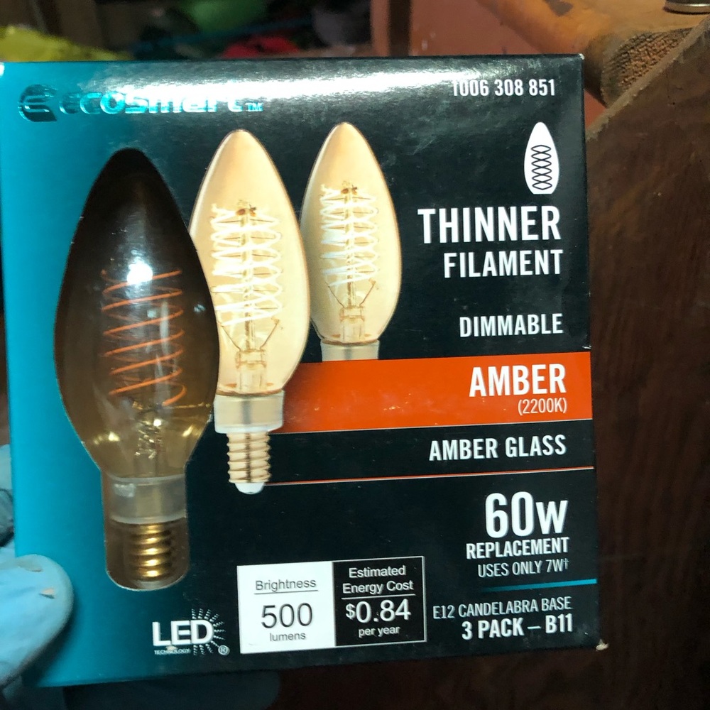 BRAND NEW EcoSmart 3-pk 60W LED B11 Dimmable E12 AMBER Lightbulbs light bulbs